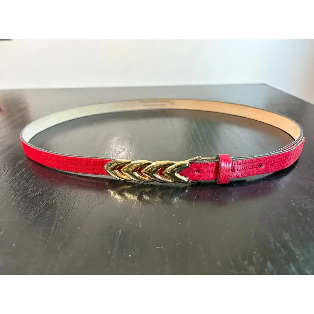 American Vintage- Thin Bright Red Leather Belt- Golden Metal Clasp- XL- 41.5